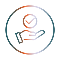Gradient icon of a hand holding a check mark inside a circle on a white background