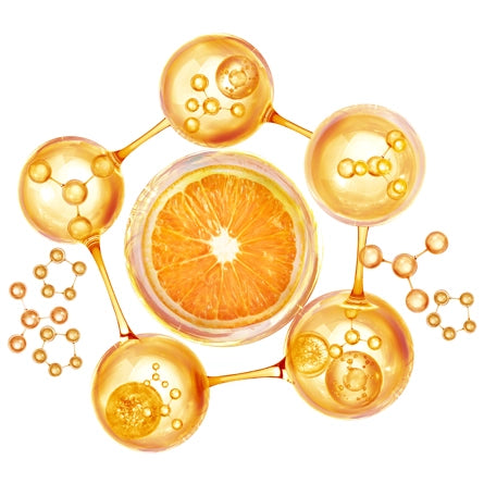 Illustration of an orange slice surrounded by gold molecular structures on a white background