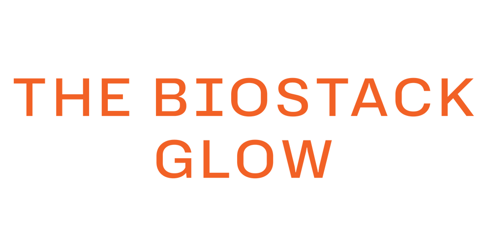 Text 'THE BIOSTACK GLOW' in orange on a white background