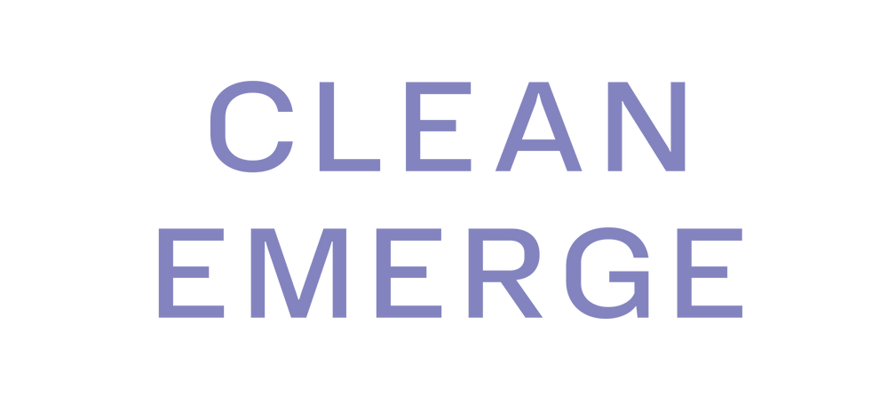 Text 'CLEAN EMERGE' in purple on a white background
