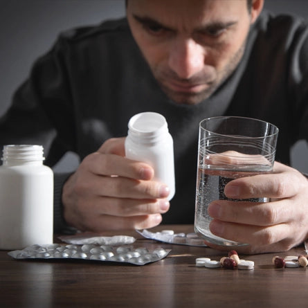 Man holding a bottle of pills and a glass of water on a table.