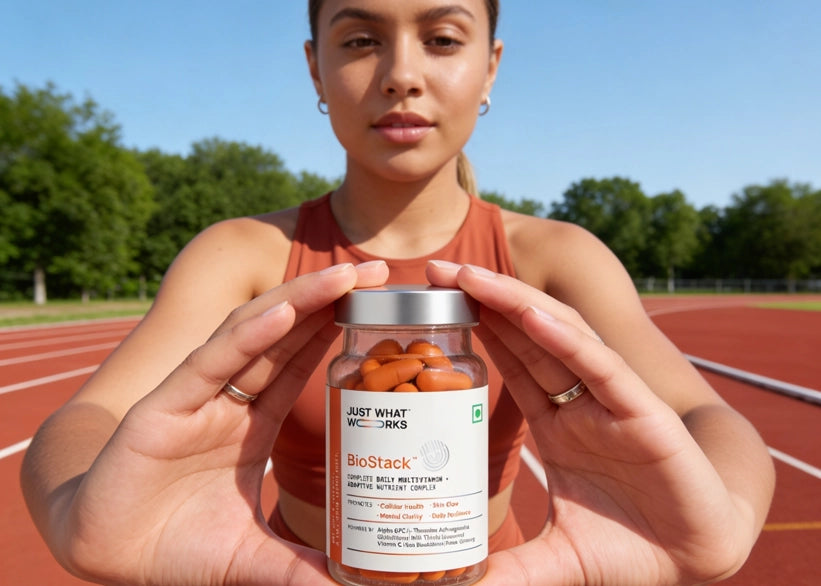 Person holding a jar of BioStack supplements on a track