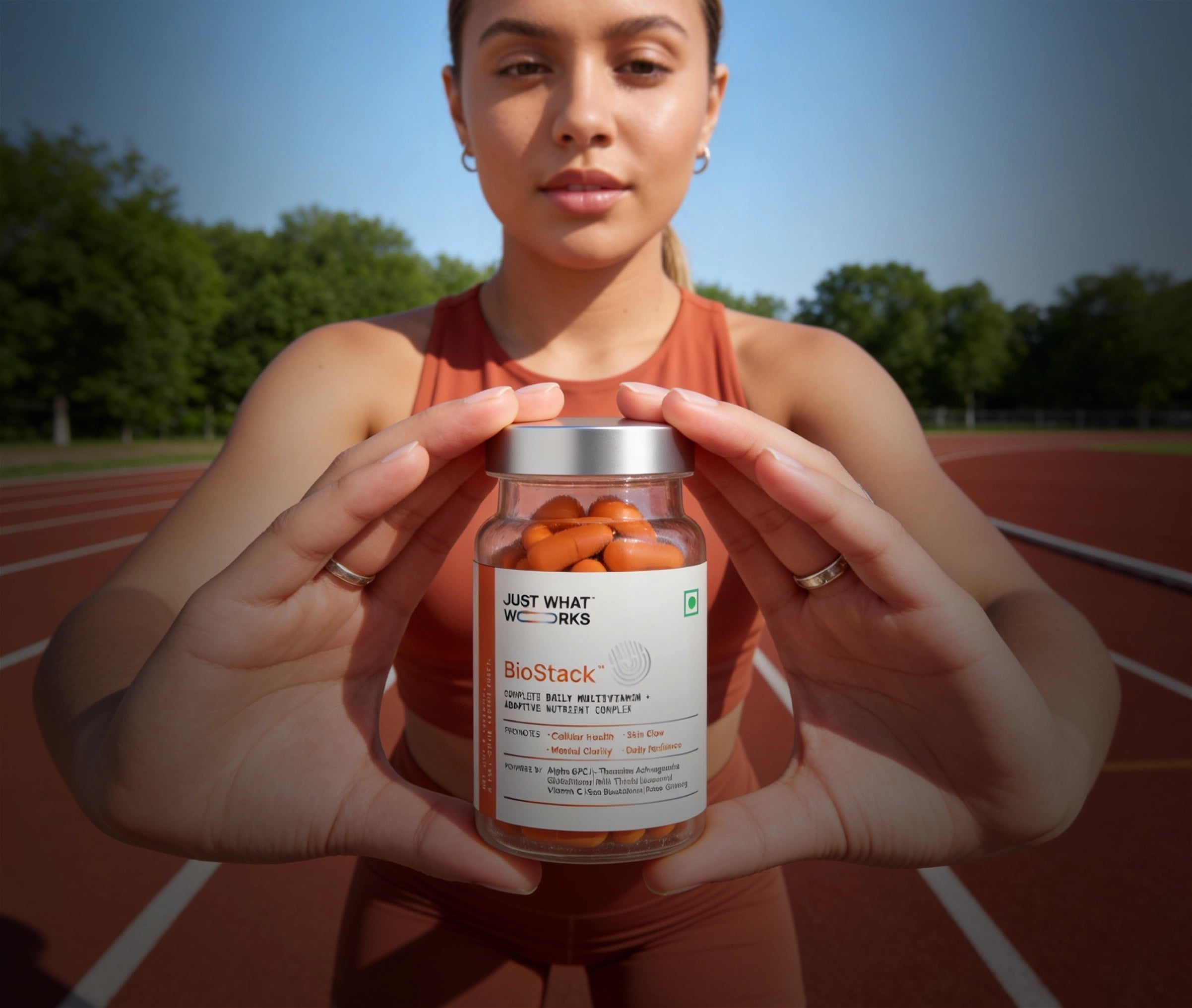 Person holding a jar of BioStack supplements on a track