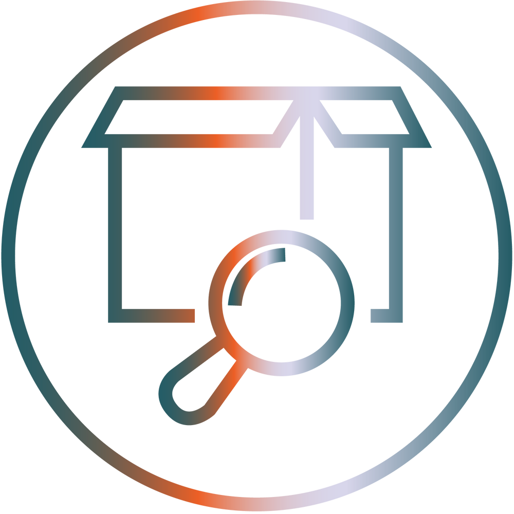 Gradient icon of a house and magnifying glass inside a circle on a white background