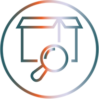 Gradient icon of a house and magnifying glass inside a circle on a white background