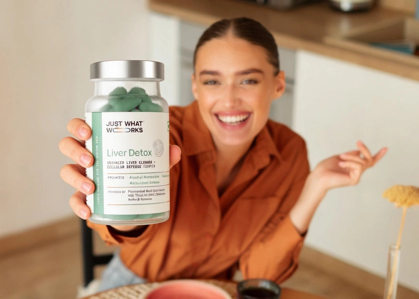 Woman holding a jar of 'Just What Works' Liver Detox supplement in a kitchen setting.