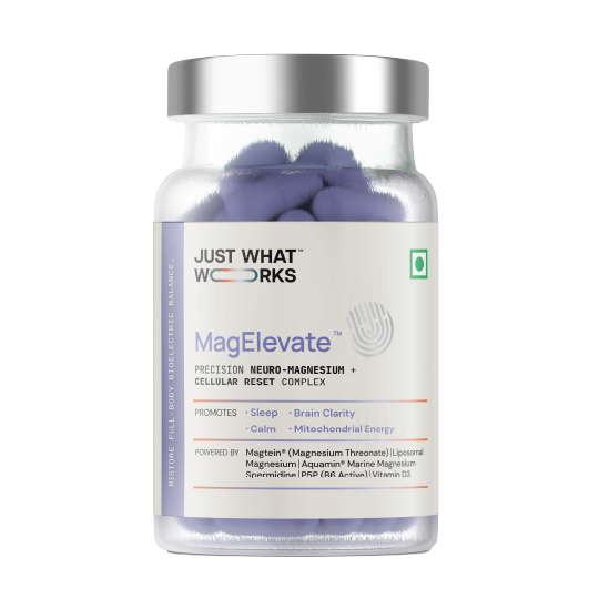 Bottle of Just What Woodorks MagElevate supplement with purple capsules on a white background