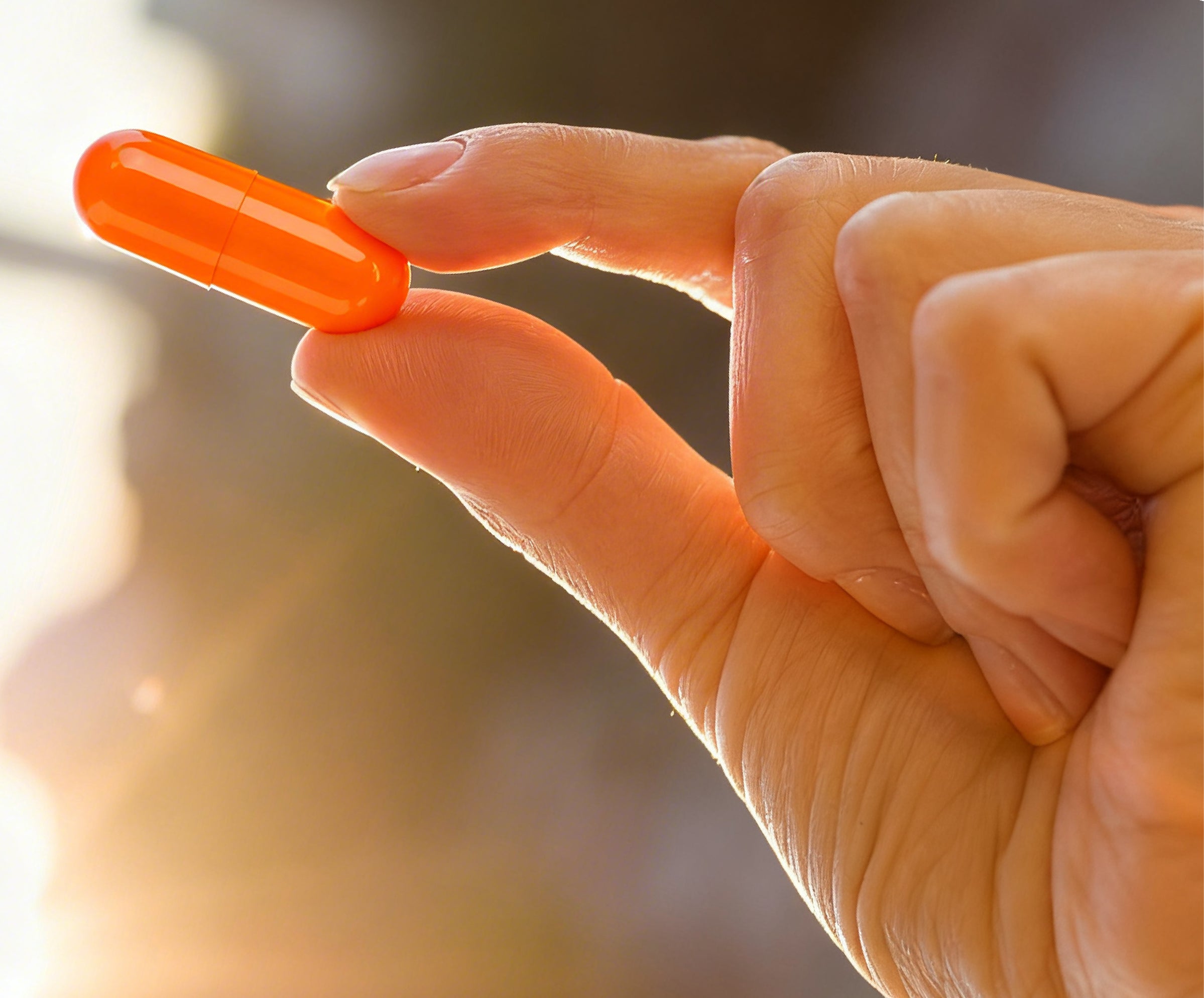 Hand holding an orange capsule against a blurred natural background