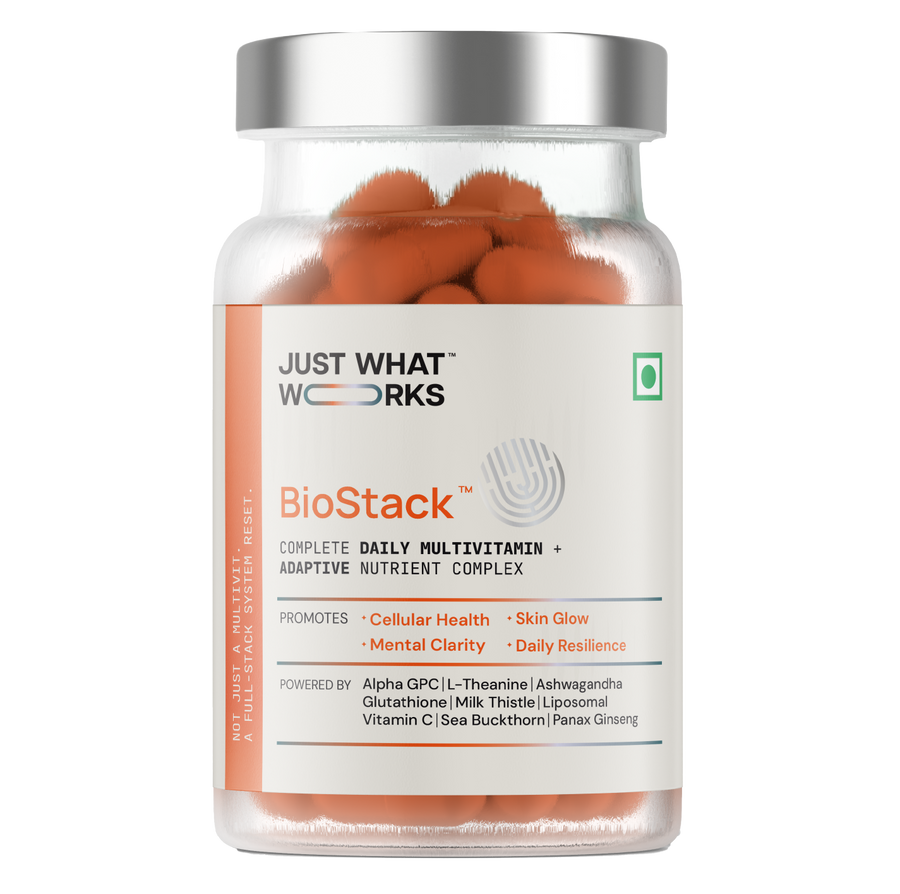 Vitamin supplement bottle labeled 'BioStack' on a white background