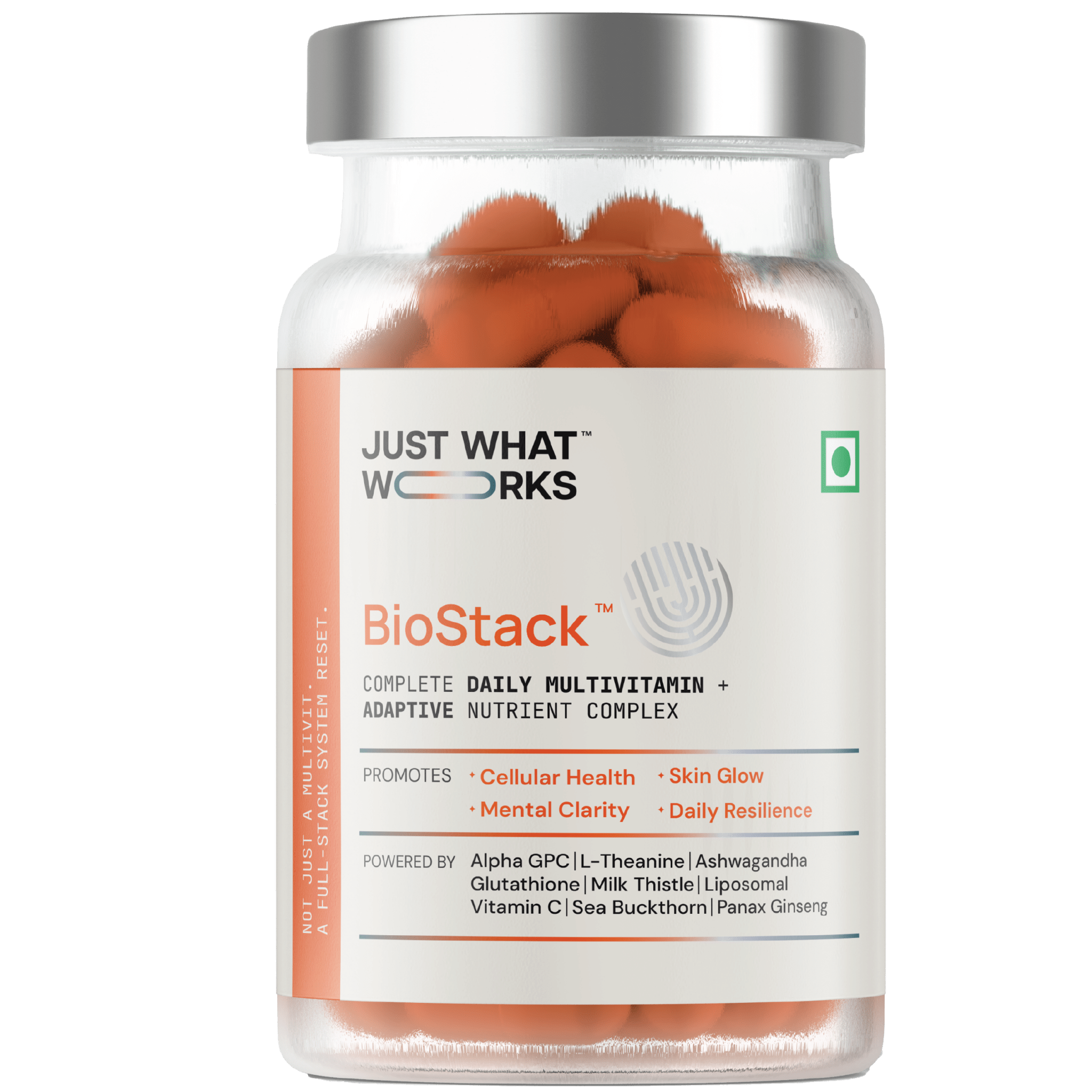 BioStack™ precision daily supplement bottle — Just What Works™