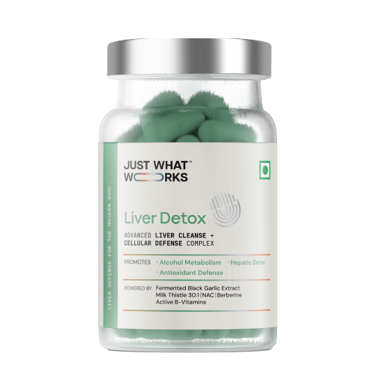 Bottle of Just What Works Liver Detox supplement on a white backgorund