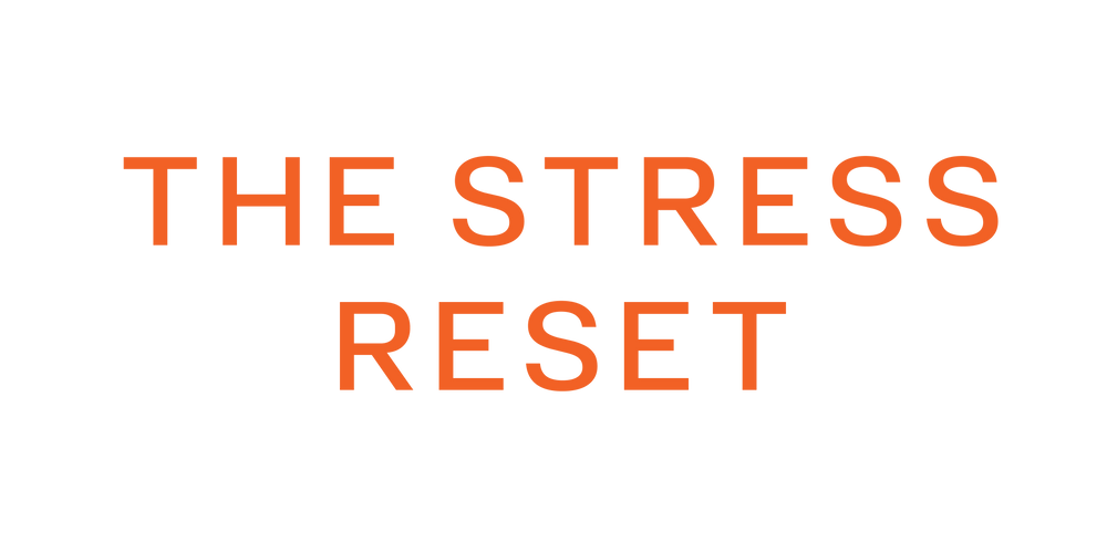 Text 'THE STRESS RESET' in orange on a white background